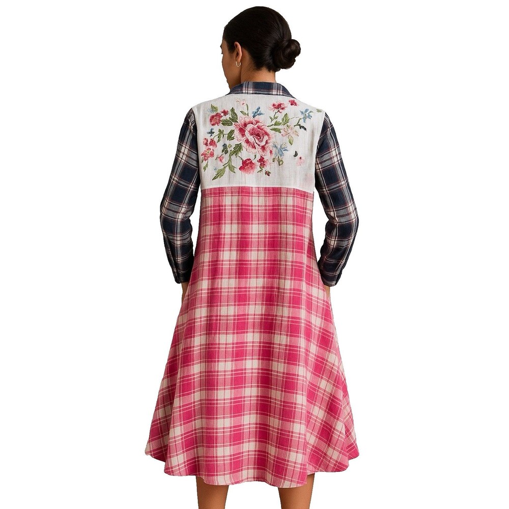 Philosphy Womens Plaid Tunic Floral‎ Embroidered   Dresses Shirt Dress Medium